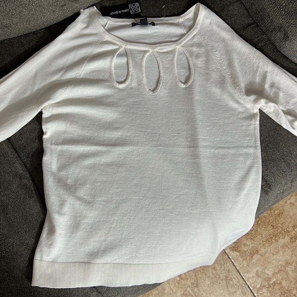 Cable & Gauge White Cream Pearl Button Details, Cut Out Sweater Top